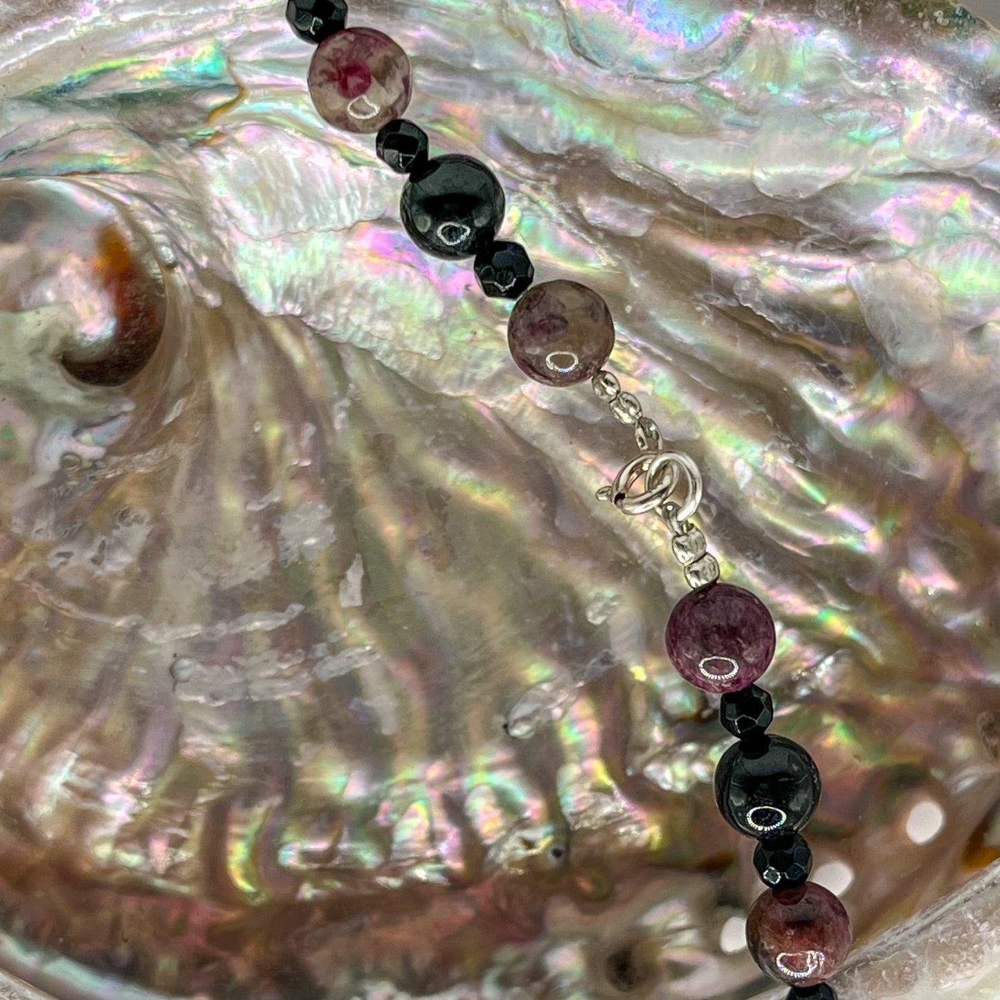 Faceted Black Tourmaline and and Round Agate Necklaces with Silver Clasp