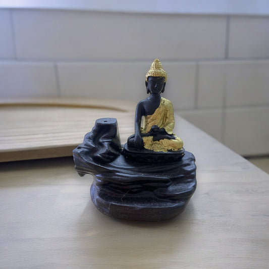 Buddha with Gold Backflow Incense Burner - 12cm