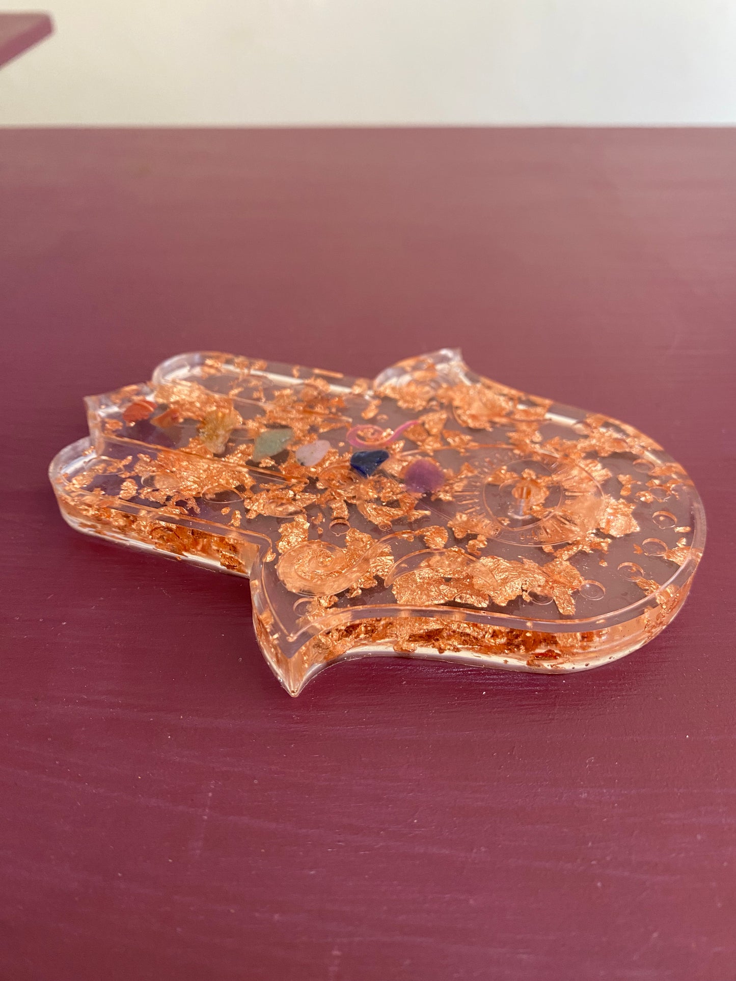 Chakra Gemstone & Copper Leaf Hamsa Hand Incense Holder - 12cm