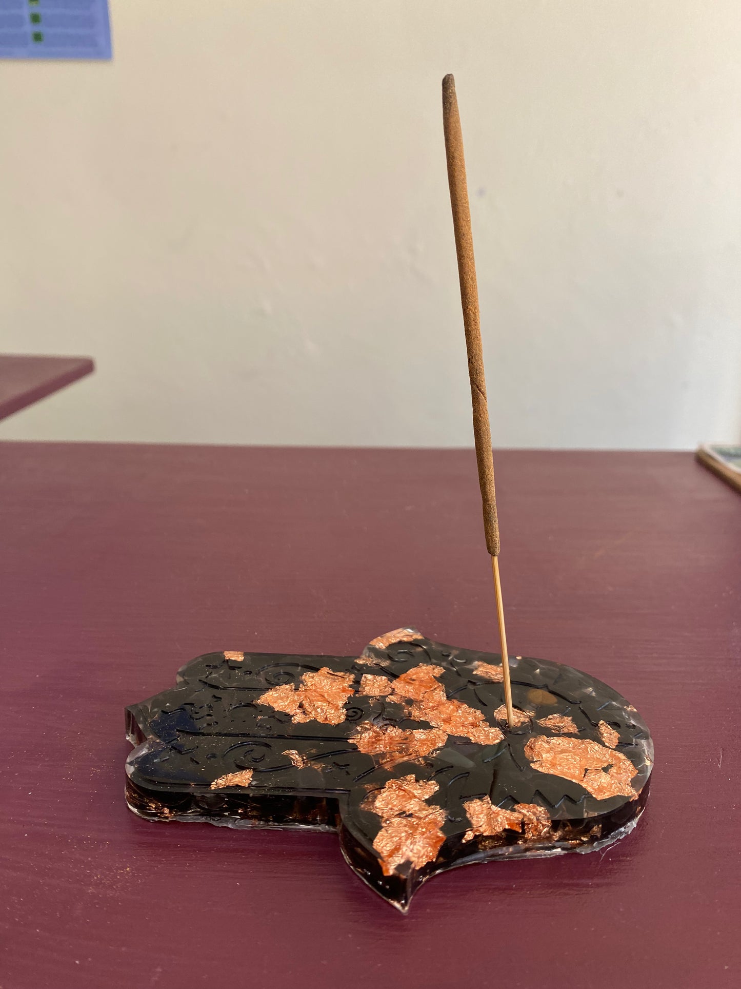 Black Obsidian & Copper Leaf Hamsa Hand Incense Holder - 12cm