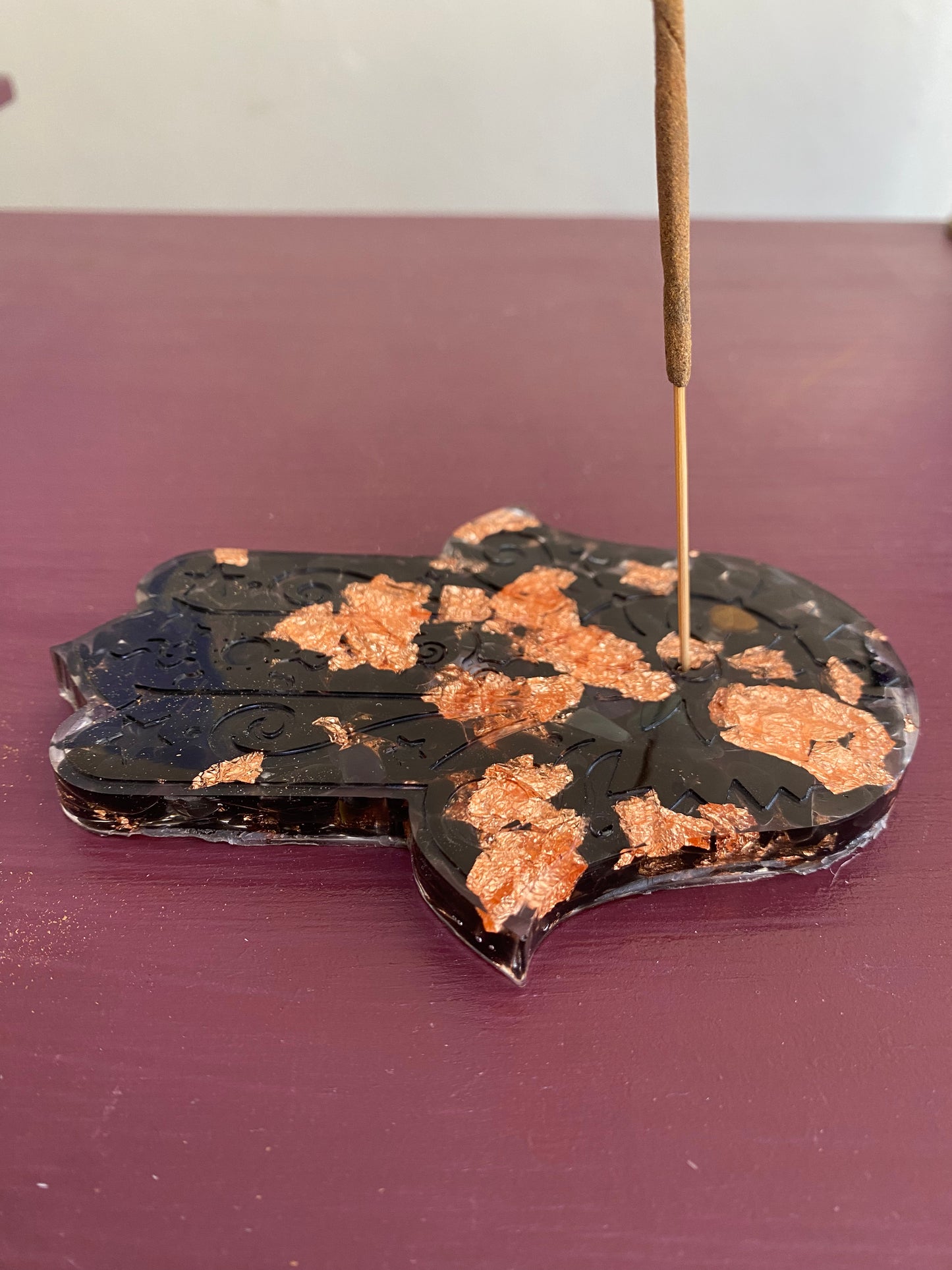 Black Obsidian & Copper Leaf Hamsa Hand Incense Holder - 12cm