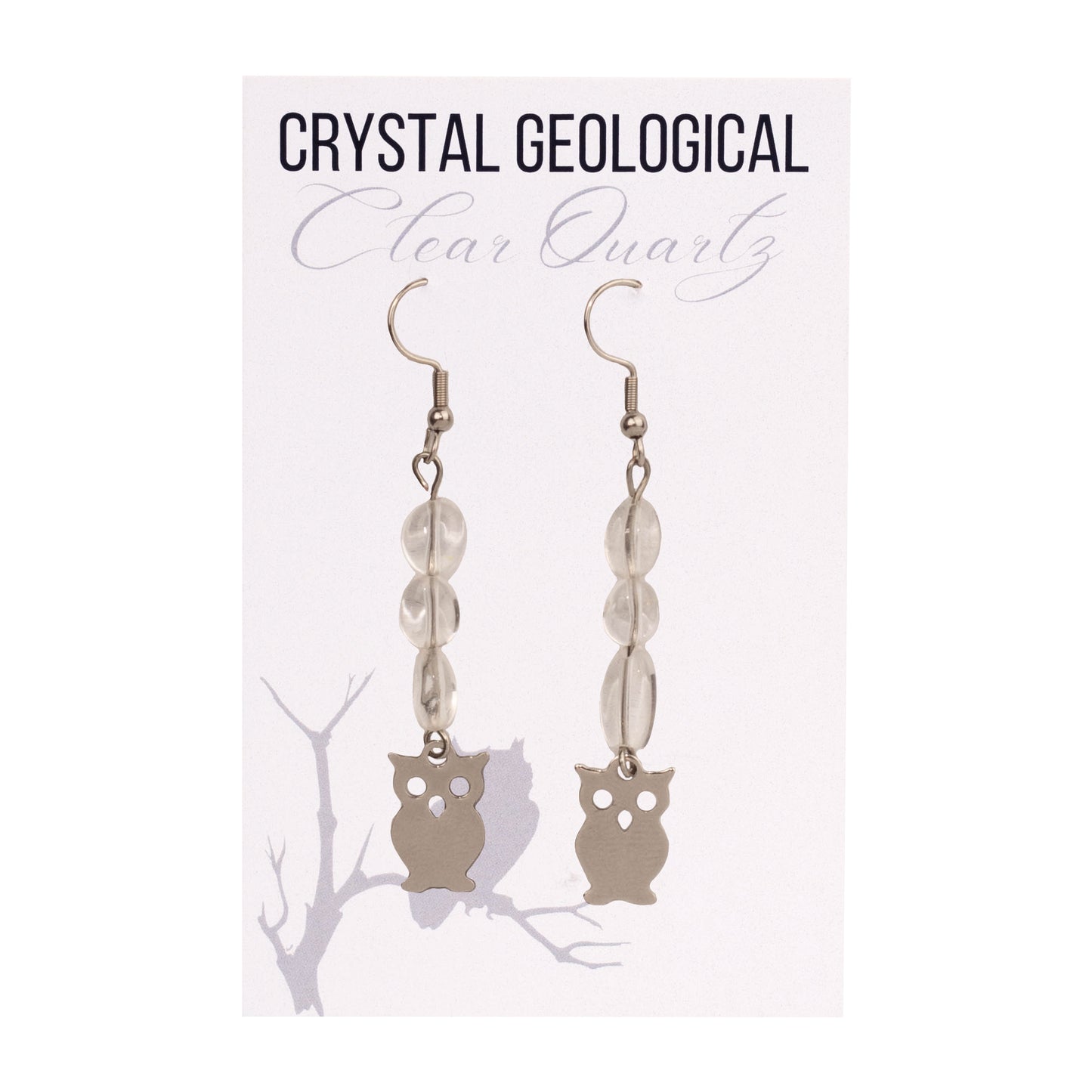 Clear Quartz Owl Earring Pair