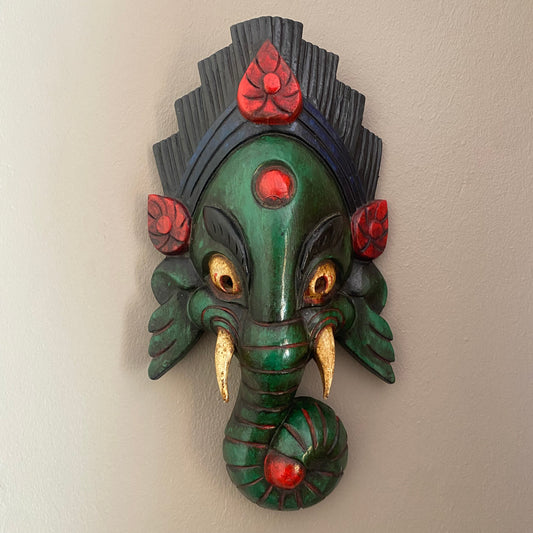 Ganesh Nepali Wooden Mask - Green