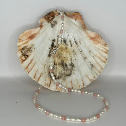 Pink Opal and Pearl Necklace w/ Stainless Steel Clasp