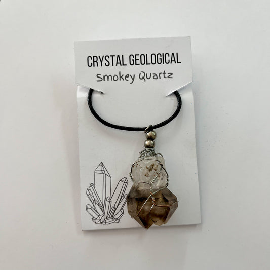 Wire-bound Smokey Quartz Pendant on Black Chord