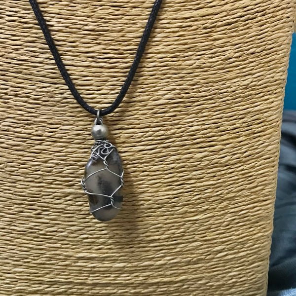 Wire-bound Agate Necklace on Black String
