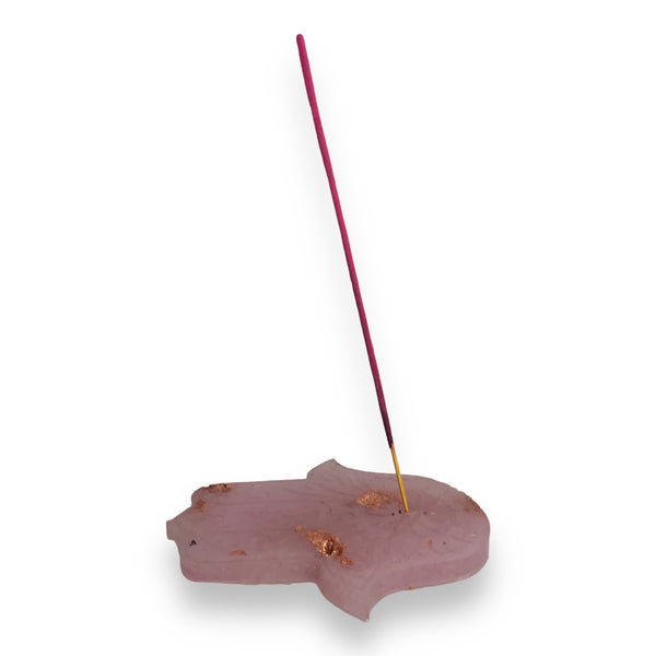 Rose Quartz & Copper Leaf Hamsa Hand Incense Holder - 12cm - Crystal Geological
