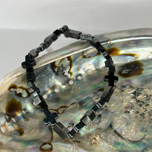 Hematite Square and Cross Bead Bracelet