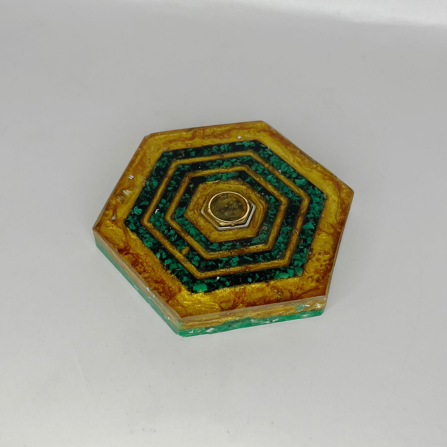 Large Hexagon -  Green/Gold - Orgonite