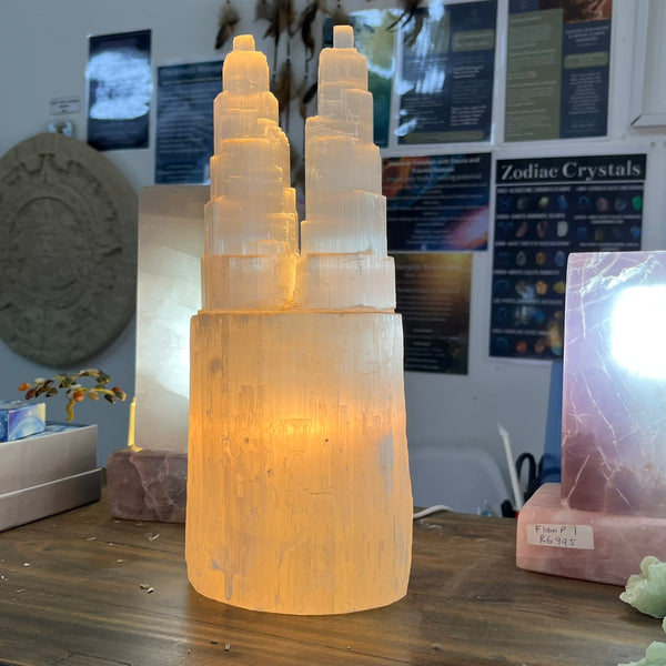 Selenite Rough Double Tower Lamp - Crystal Geological