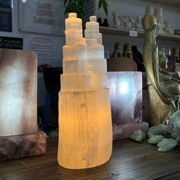 Selenite Rough Double Tower Lamp - Crystal Geological