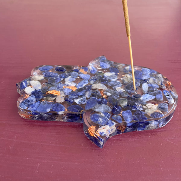 Sodalite & Copper Leaf Hamsa Hand Incense Holder - 12cm - Crystal Geological