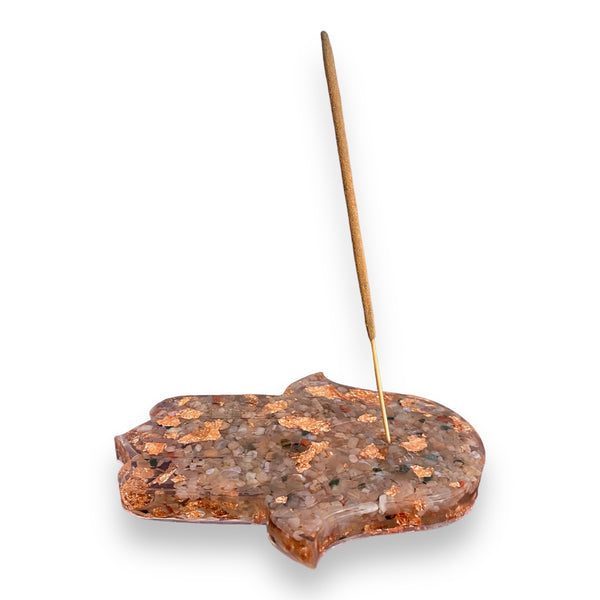 Sunstone & Copper Leaf Hamsa Hand Incense Holder - 12cm - Crystal Geological