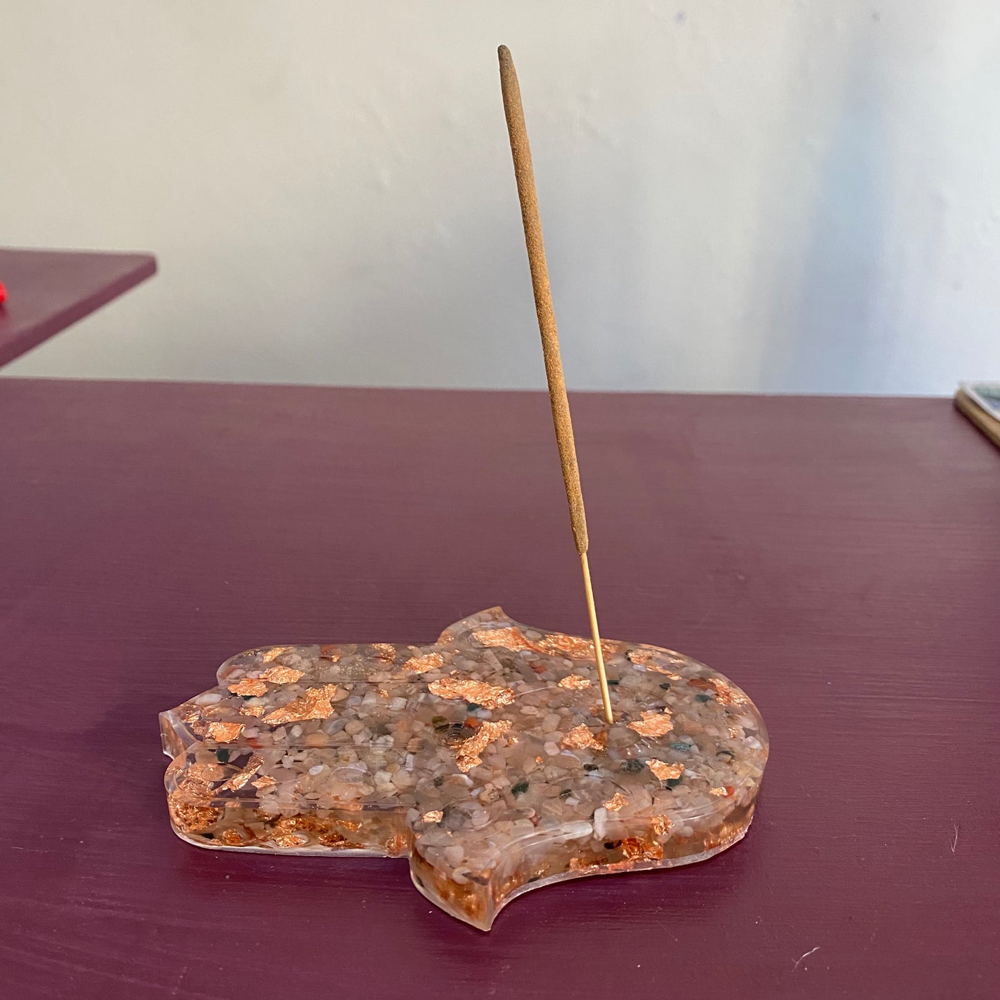 Sunstone & Copper Leaf Hamsa Hand Incense Holder - 12cm