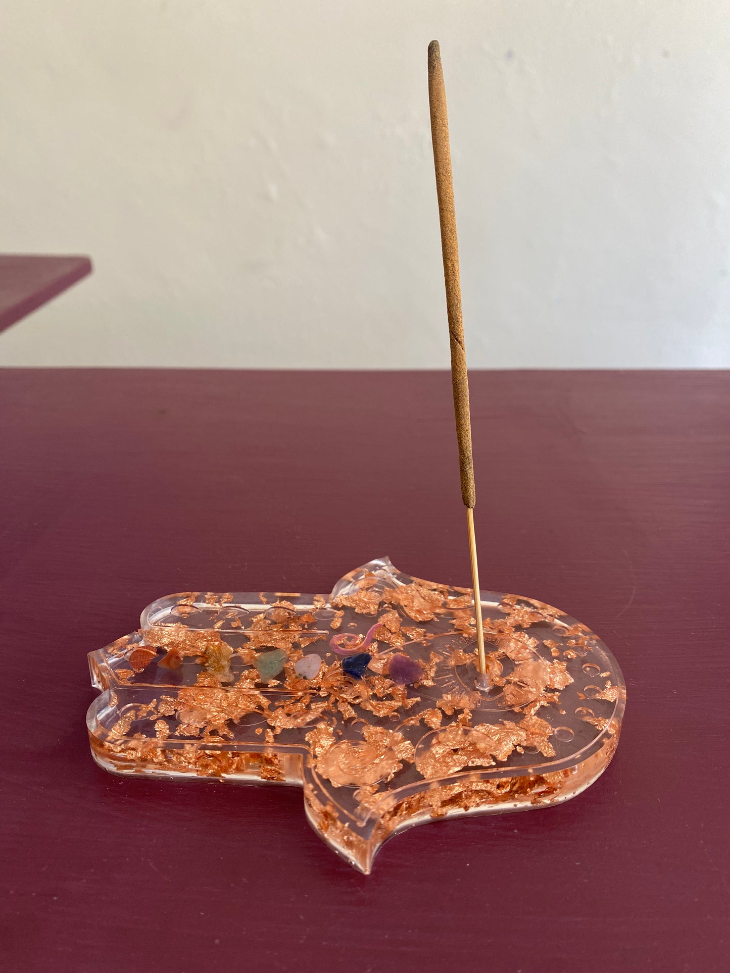 Chakra Gemstone & Copper Leaf Hamsa Hand Incense Holder - 12cm