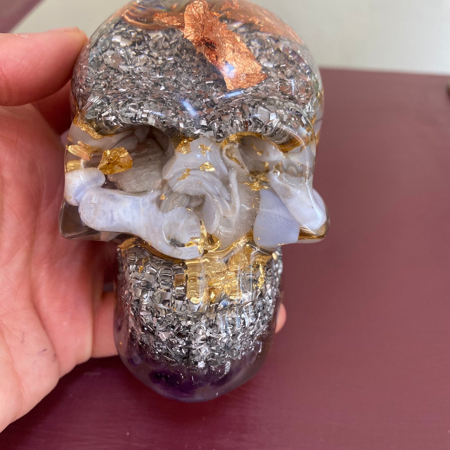Orgonite Skull - Amethyst & Blue Lace Agate - 8cm