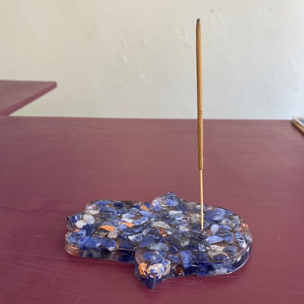 Sodalite & Copper Leaf Hamsa Hand Incense Holder - 12cm - Crystal Geological