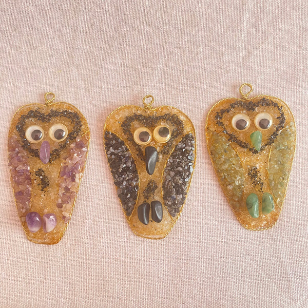 Christmas Tree Decorations - Mixed Gemstone Owl - Pack of 3 - Crystal Geological