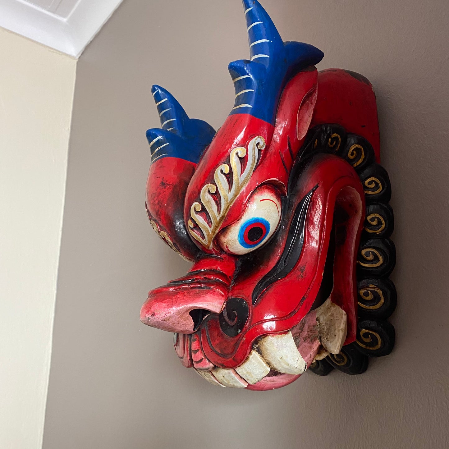 Dragon Nepali Wooden Mask - Red - Large
