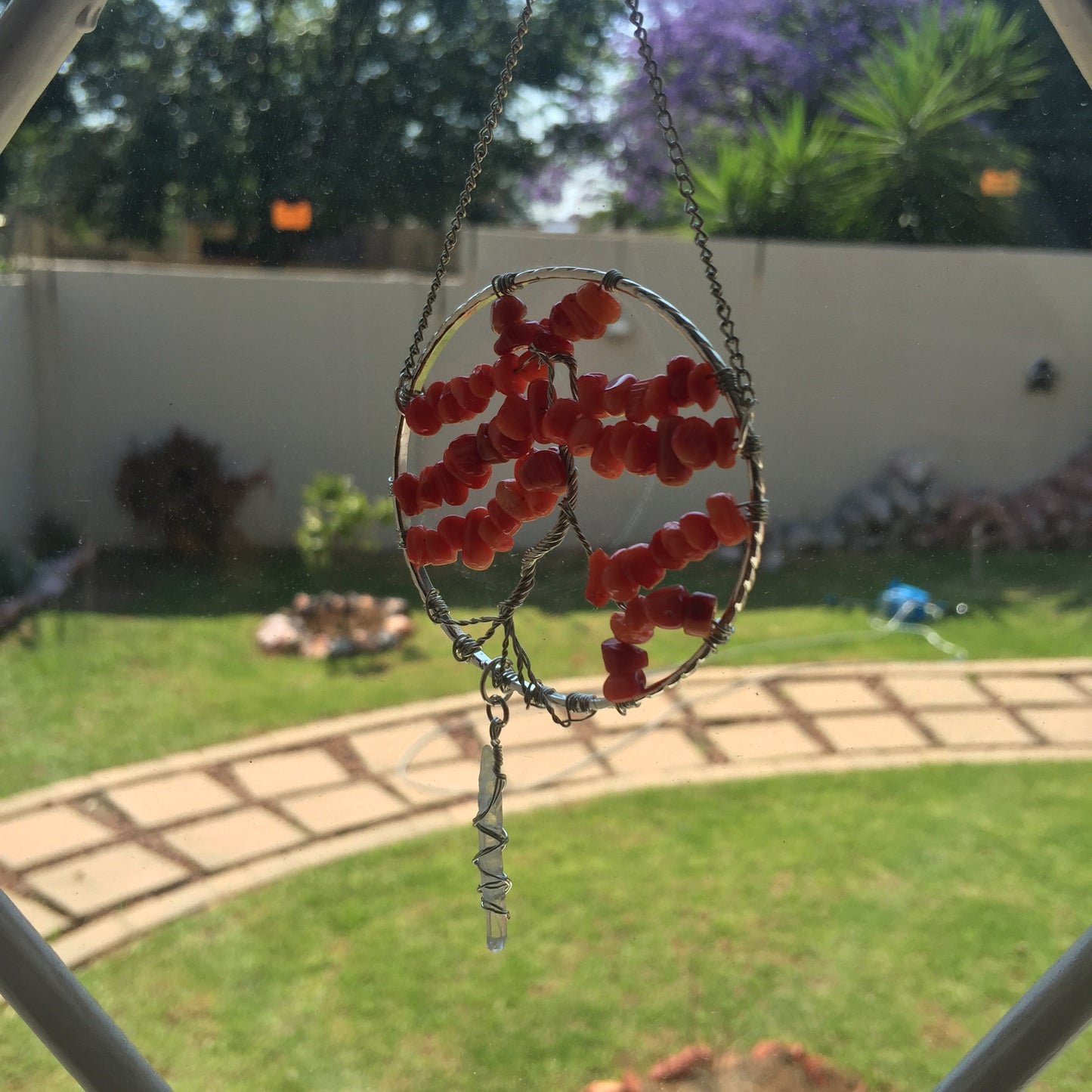 Red Coral Silver Suncatcher with Crystal Point - Crystal Geological