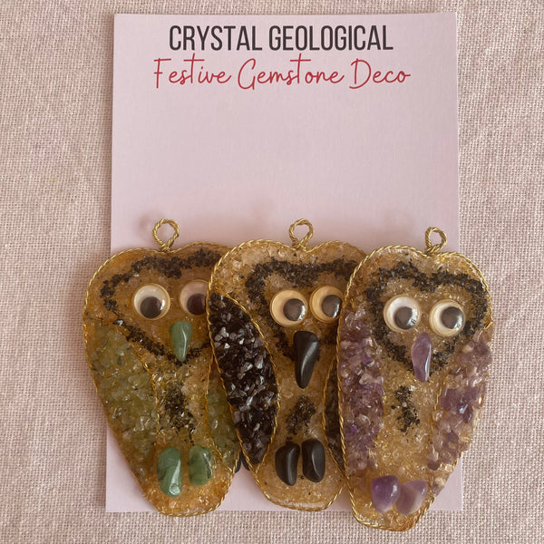 Christmas Tree Decorations - Mixed Gemstone Owl - Pack of 3 - Crystal Geological